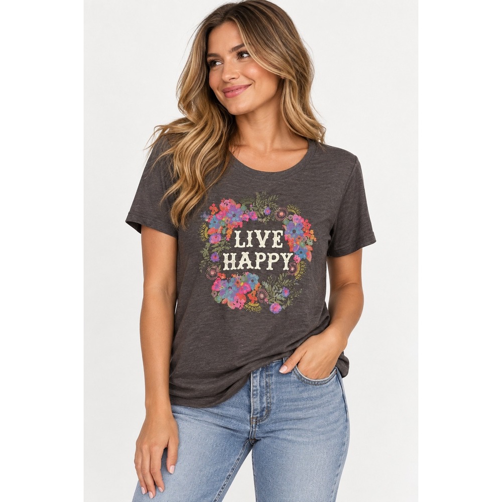 Natural Life 'Live Happy' Floral Grey T-Shirt Cotton Boho Graphic NEW Womens XL